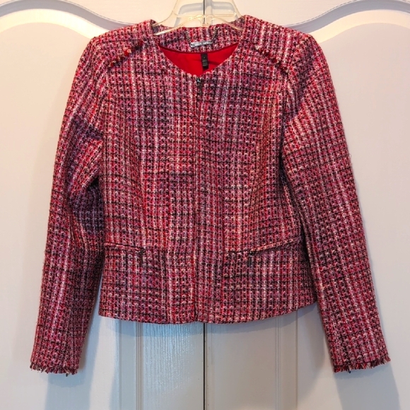 White House Black Market Women's Lined Tweed Jacket With Pockets - Red and Black - Picture 1 of 6